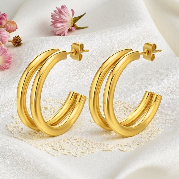 ๐Minimalist Double C Hoop Earrings 18K Gold Plated Stainless Steel Trending - Picture 8 of 13